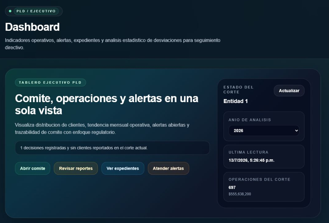 Dashboard real de Vigilex.ai con indicadores, operaciones y alertas PLD