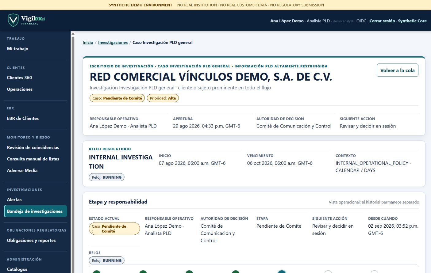Escritorio de investigación en Vigilex.ai Financial con reloj regulatorio, etapa y responsabilidad