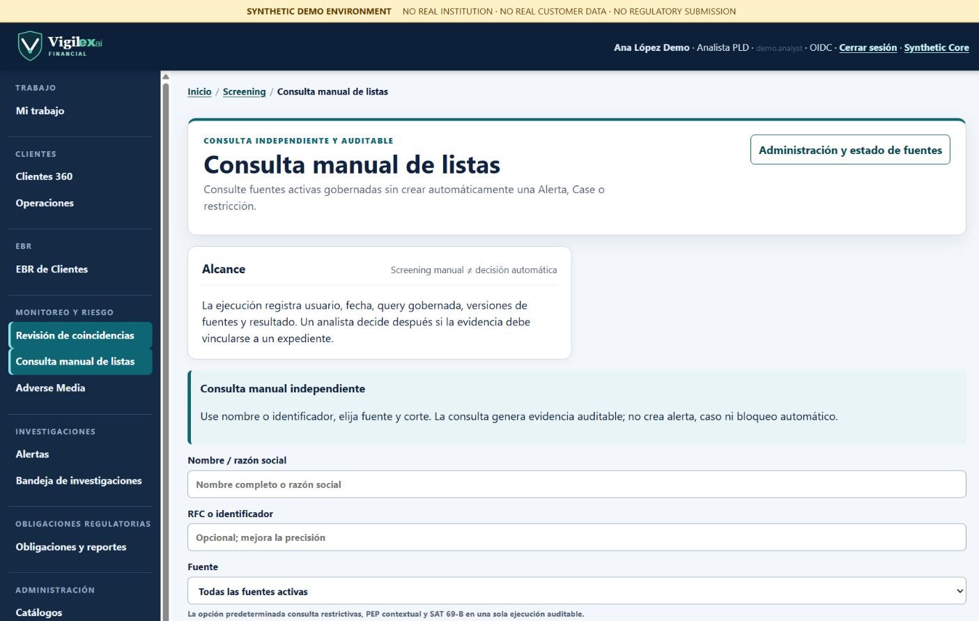 Consulta manual de listas en Vigilex.ai Financial, independiente y auditable